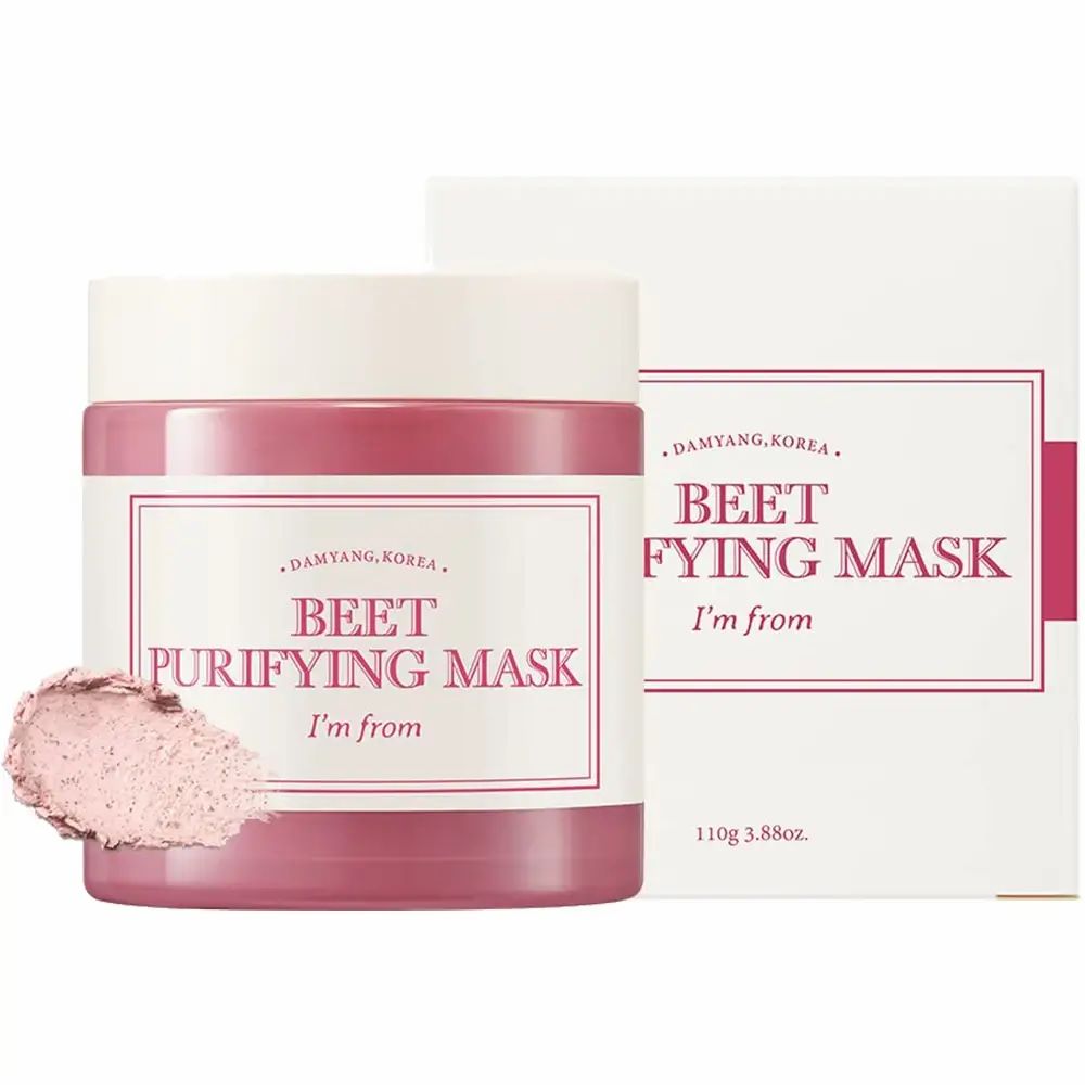 Gezichtsmasker en verpakking. Tekst: BEET PURIFYING MASK, I'm from. Verpakking met 110g 3.88oz.