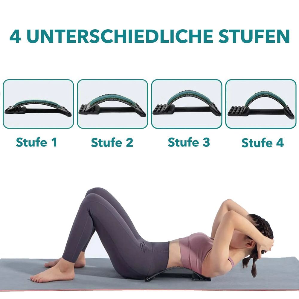 Femme allongée sur un tapis, utilisant un étireur dorsal. Quatre images montrent différents niveaux de réglage.