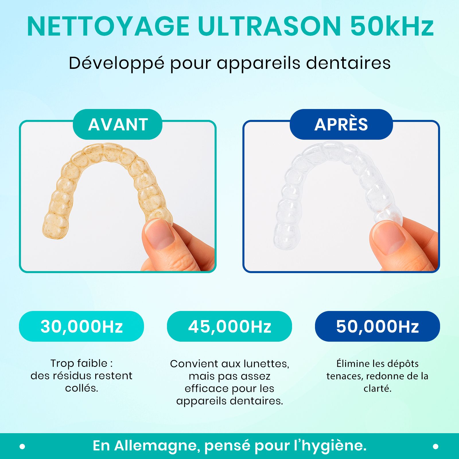Comparaison des appareils dentaires avant et après le nettoyage. Texte : "NETTOYAGE ULTRASON 50kHz". Trois fréquences avec résultats.