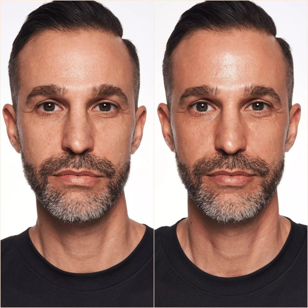 Deux portraits d'un homme. Gauche : sans maquillage. Droite : avec fluide filtrant appliqué.