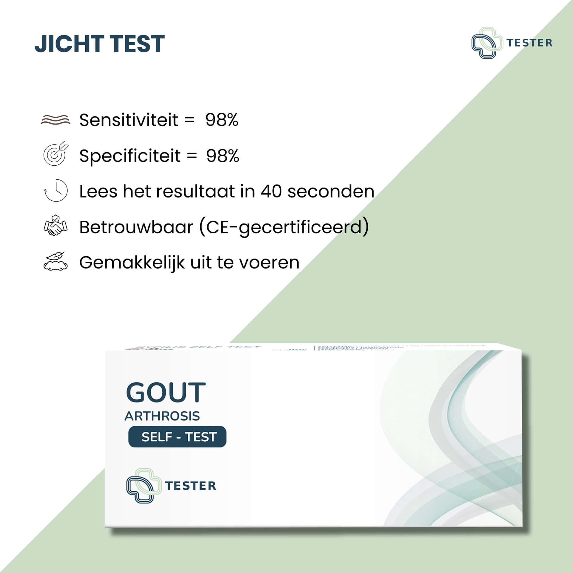 Verpakking van de Gout Arthrosis Self-Test met 'Tester' logo.