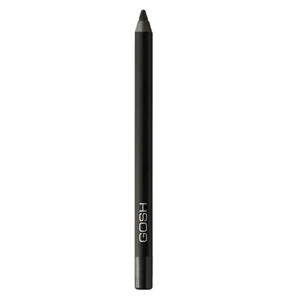 Zwarte Gosh Velvet Touch eyeliner. Cilindrische vorm, zwarte punt, grijze schacht, merknaam Gosh.