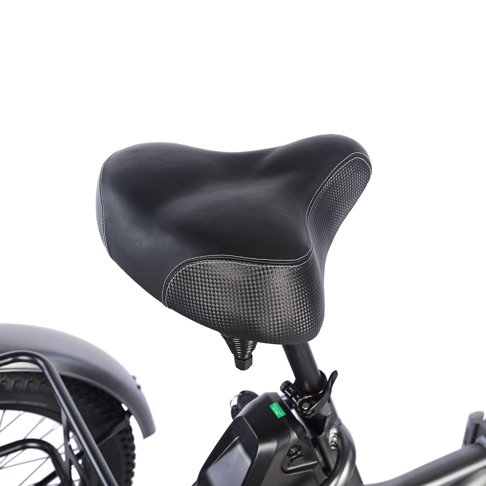 Selle noire avec accents gris. Montée sur un tricycle électrique Fafrees F20 Mate bleu.