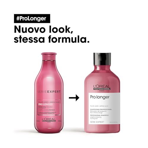 Twee roze shampoo flessen. Tekst: Nieuwe look, dezelfde formule. L'Oréal Professionnel. #ProLonger. Serie Expert.