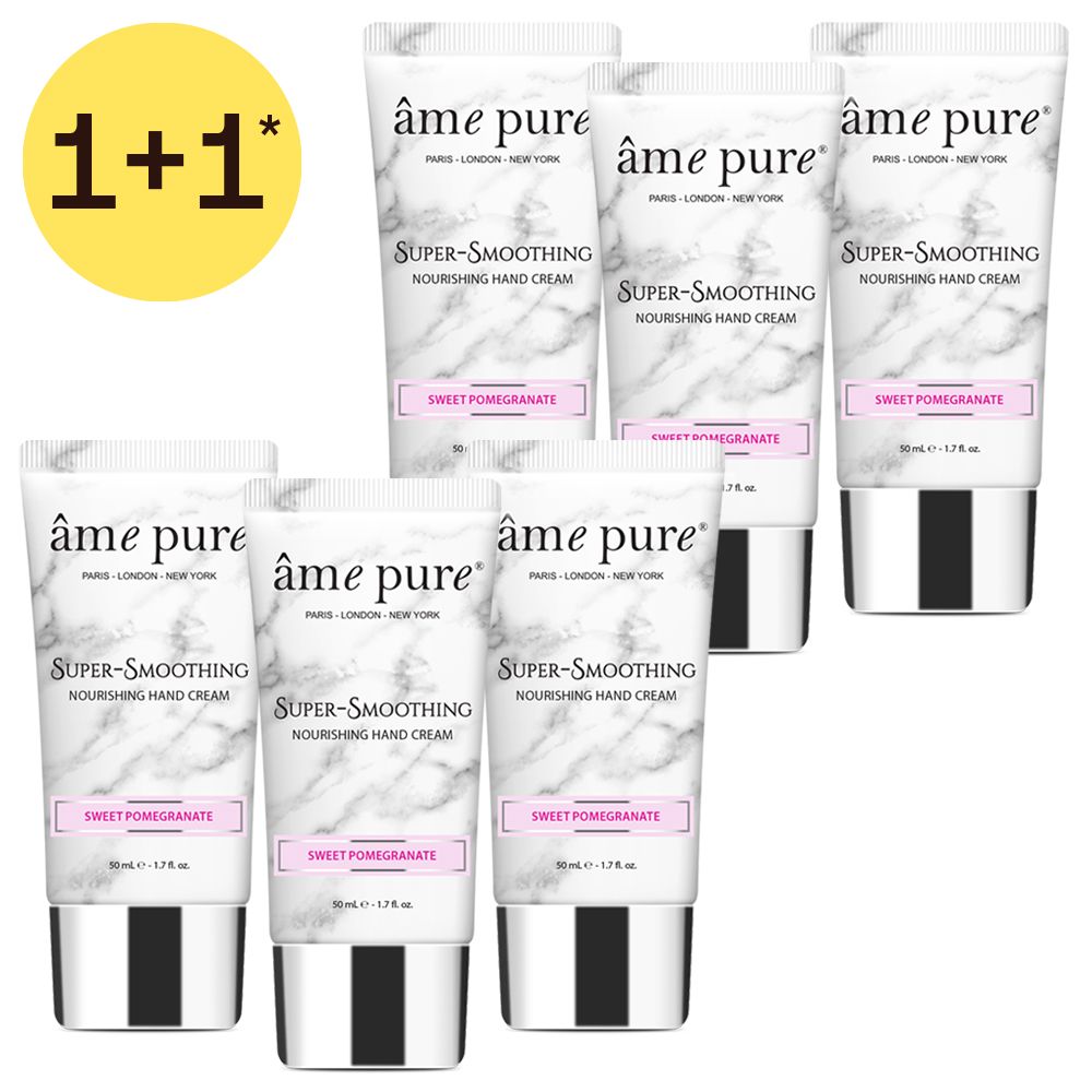 Six tubes de crème pour les mains "Super-Smoothing Nourishing Hand Cream" de âme pure, parfum "Sweet Pomegranate".