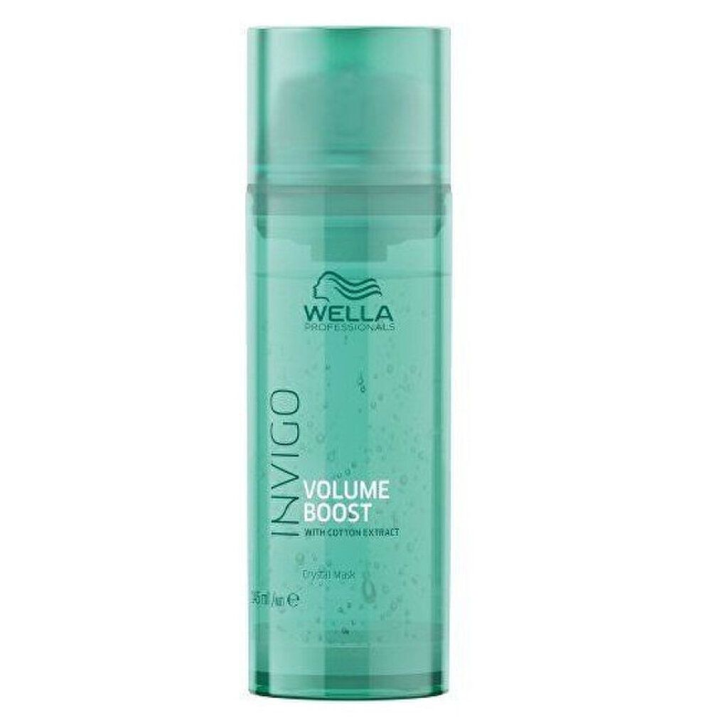 Cilindrische fles met groene dop. Opschrift: Invigo, Wella, Volume Boost, Crystal Mask. Met katoenextract.