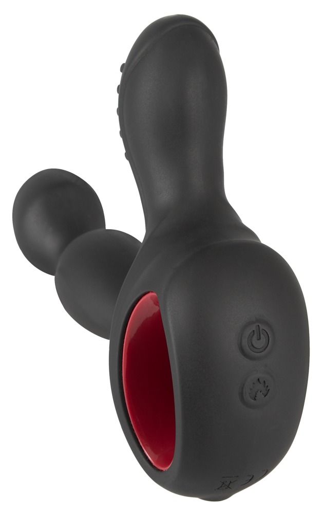 Siliconen prostaatstimulator met rode ring en drie bollen.