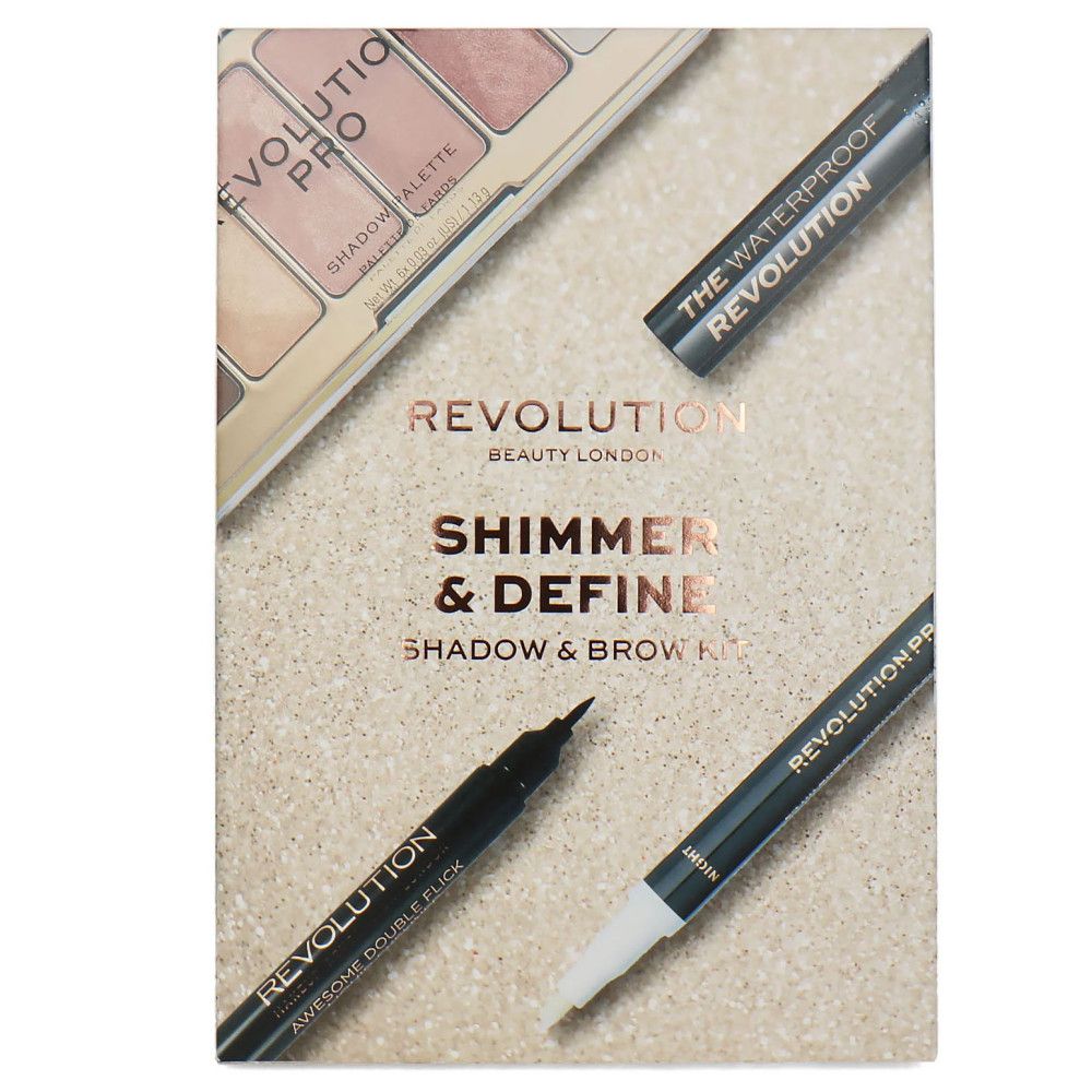 Oogschaduw- en wenkbrauwset. Bevat palette, eyeliner en wenkbrauwpotlood. Tekst: Shimmer & Define, Revolution.