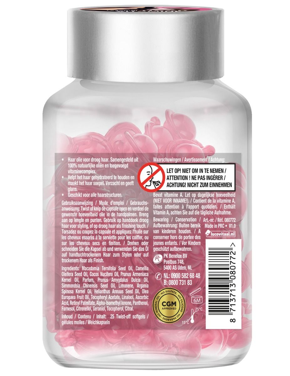 Achterkant van een fles met roze capsules. Tekst: Gebruiksaanwijzing, ingrediënten, waarschuwingen. Logo en contactgegevens.