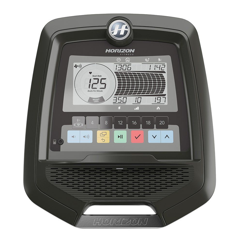 Console du Horizon Fitness Andes 5.1. Écran noir affichant des données. Logo Horizon en haut.