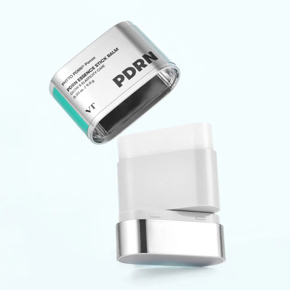 VT Cosmetics PDRN Essence Stick Balm, ouvert, révélant le bâton de baume blanc et le contenant argenté.