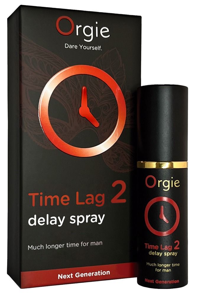 Flacon et boîte noirs. Logo et nom du produit. Cercle rouge avec horloge. Texte: Time Lag 2 delay spray. Plus de temps pour l'homme.