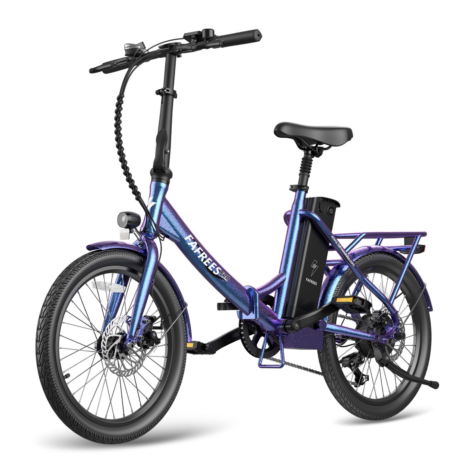 Vélo électrique bleu-violet avec selle noire et porte-bagages. Marque FAFREES.
