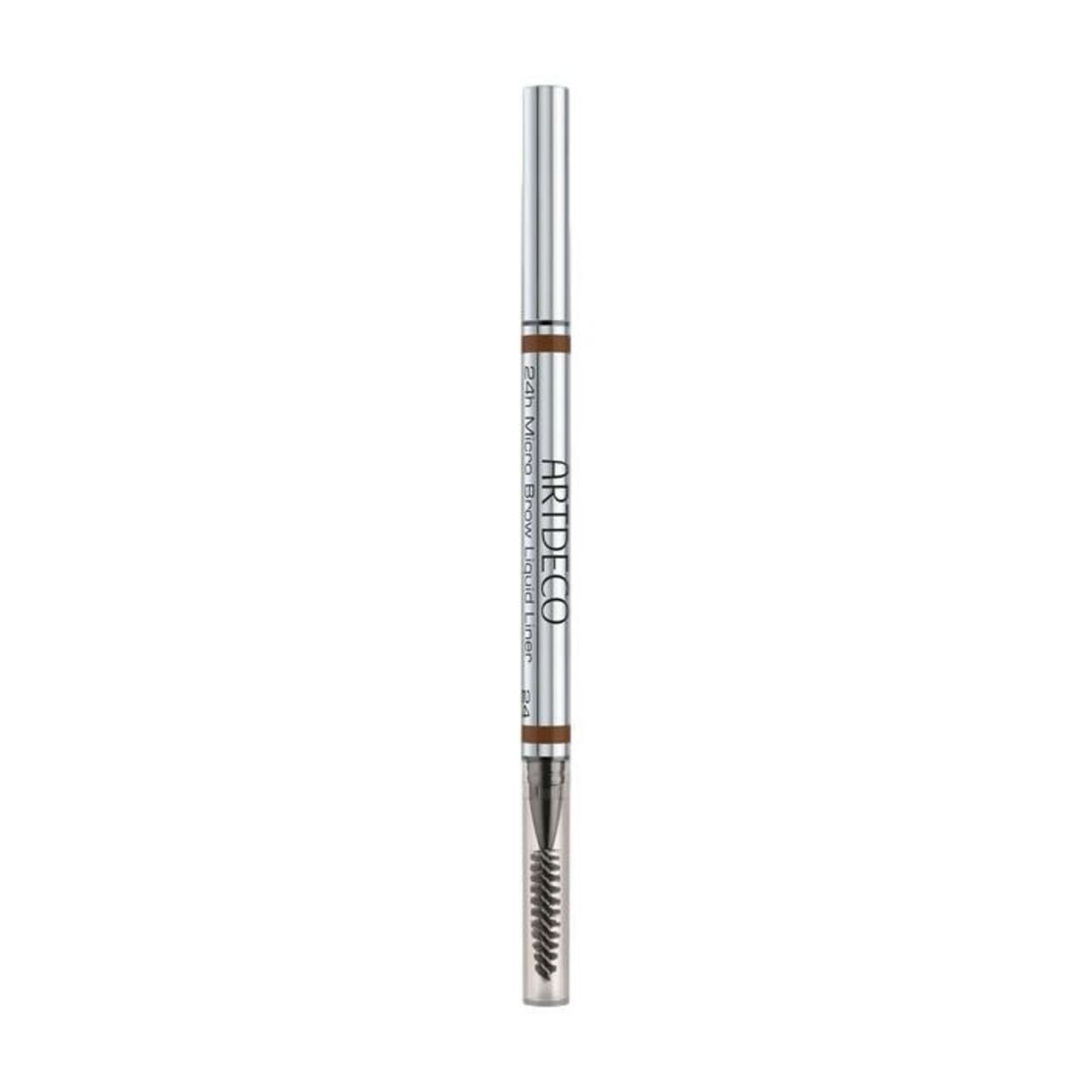 Potlood met borstel. Zilverkleurig potlood met bruin potlood en borstel. Opschrift: Artdeco, 24h Micro Brow L.L.W. Brush.