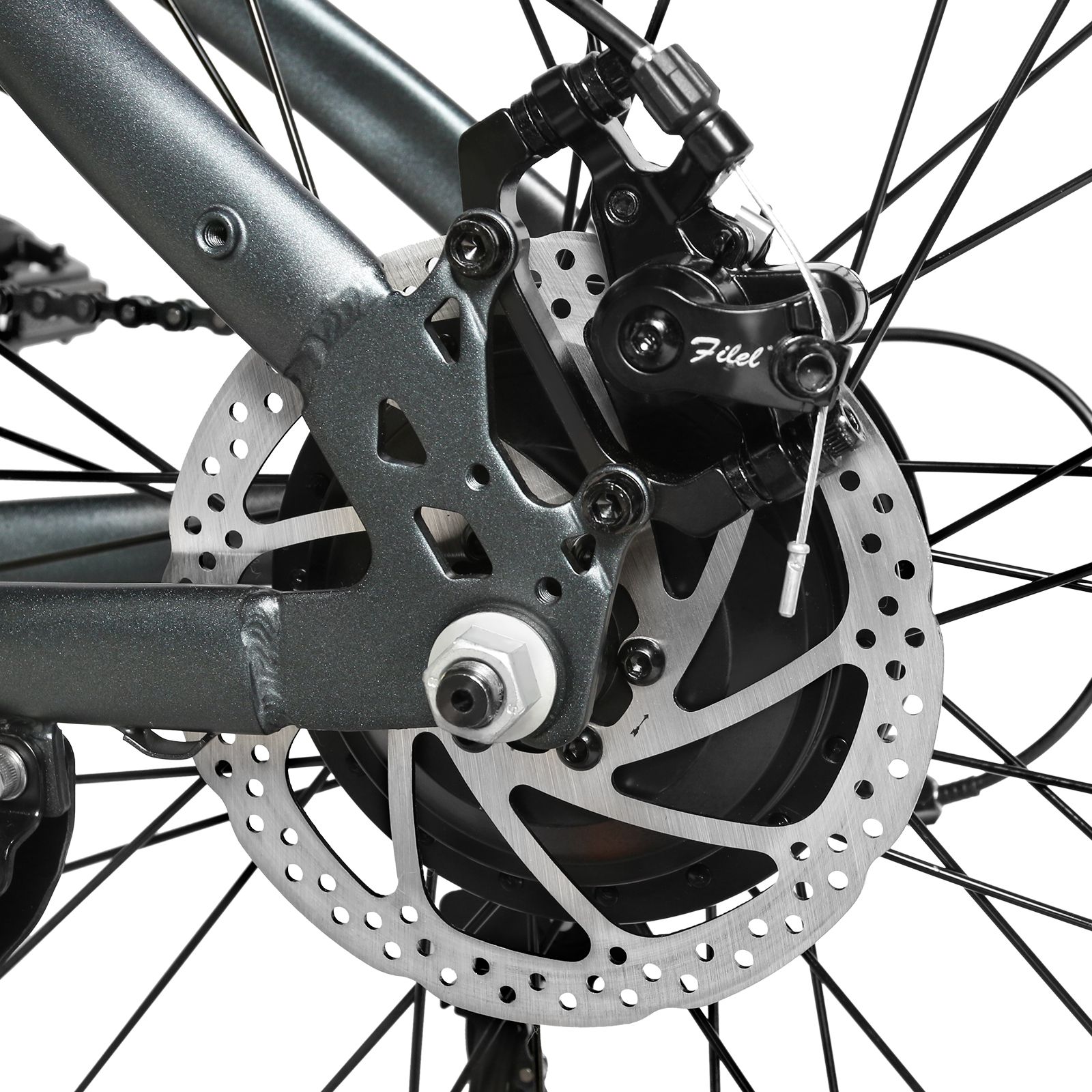 Close-up van de achterste remschijf van een fiets. Zwarte rem met Fitel-logo. Grijs frame.