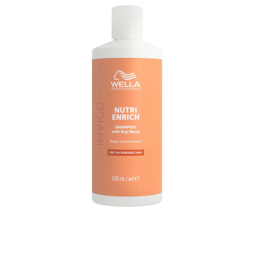 Flacon de shampooing. Bouchon blanc, corps orange. Inscription : Wella, Nutri Enrich, shampooing à la baie de goji, pour cheveux secs ou abîmés.