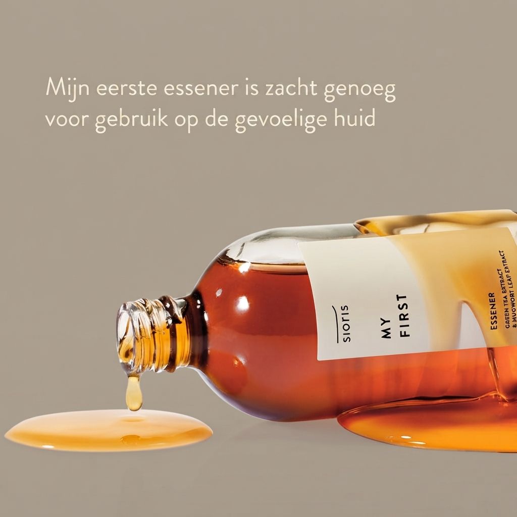 Een Sioris Mijn Eerste Essener fles ligt omgevallen, vloeistof lekt eruit.