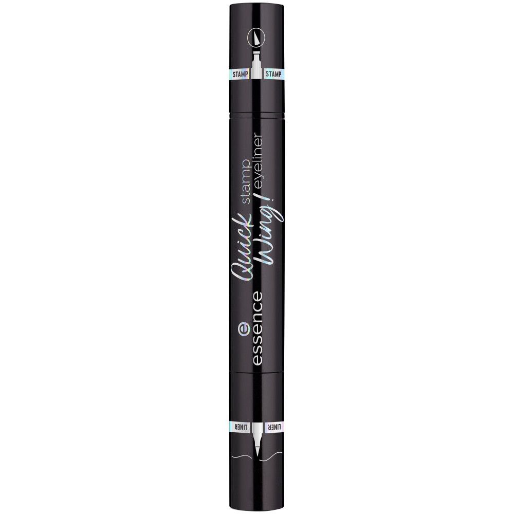 Stylo eyeliner double embout noir. Pointe tampon et feutre. Inscription: Quick Wing! et Essence.