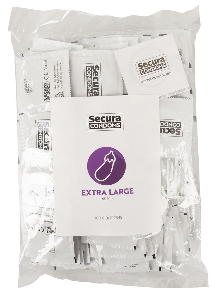 Préservatifs Secura Extra Large, 100 pièces, en sachet plastique. Face avant avec symbole.