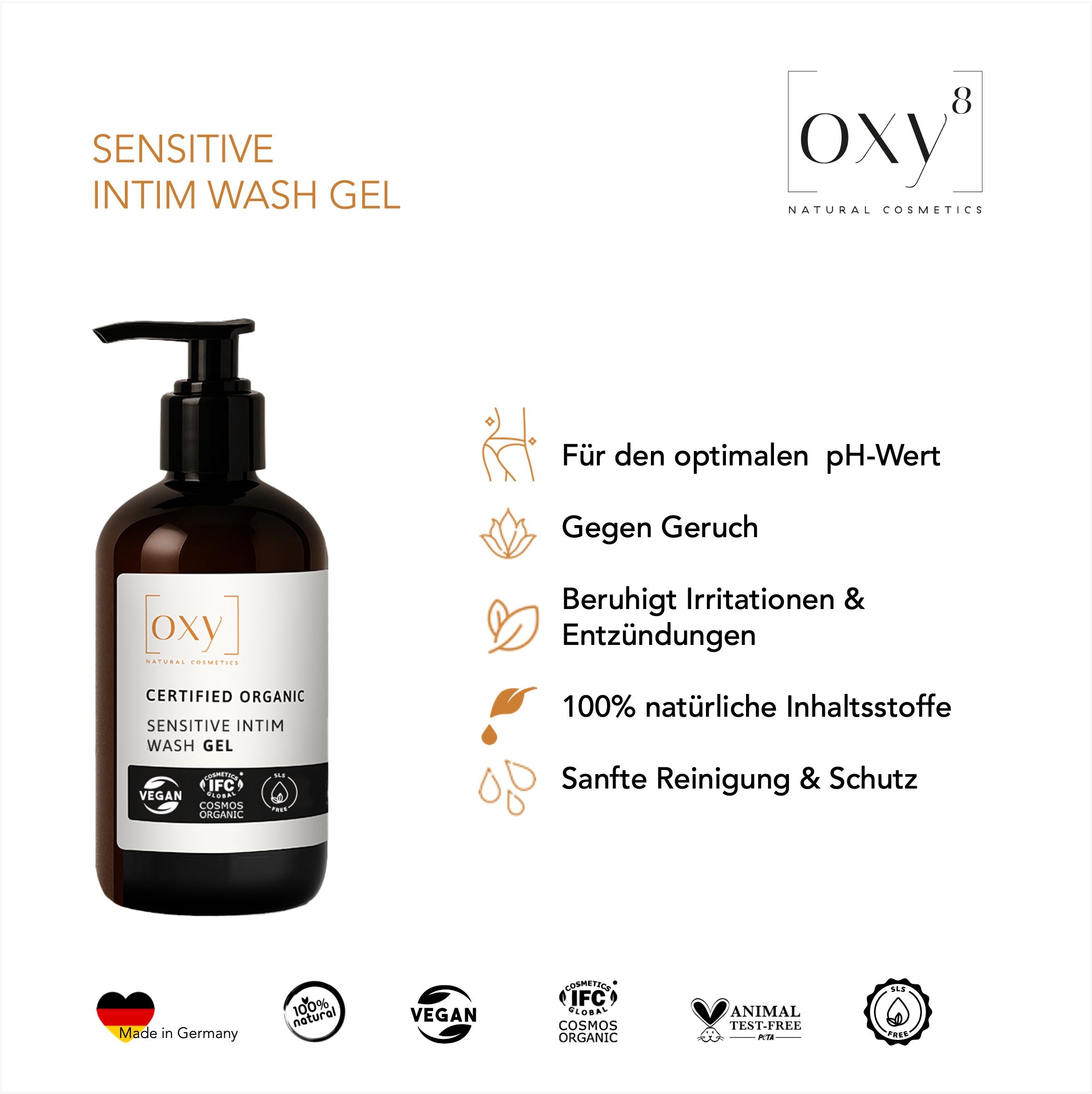 Bruine fles met pomp. Opschrift: SENSITIVE INTIM WASH GEL. Logo's: Vegan, IFC Cosmos Organic, Animal Test Free. Tekst: Voor een optimale pH-waarde.