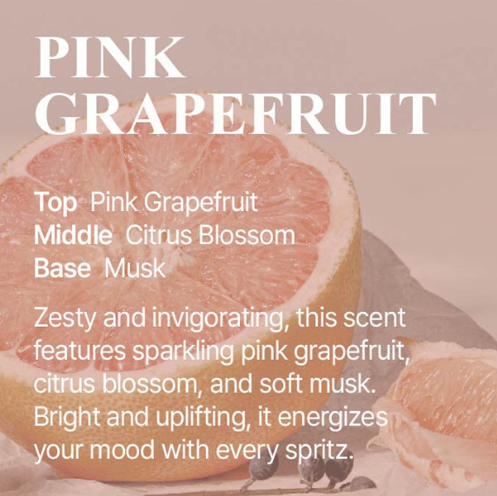 Een roze grapefruit, doorgesneden, met tekst over geurnoten.