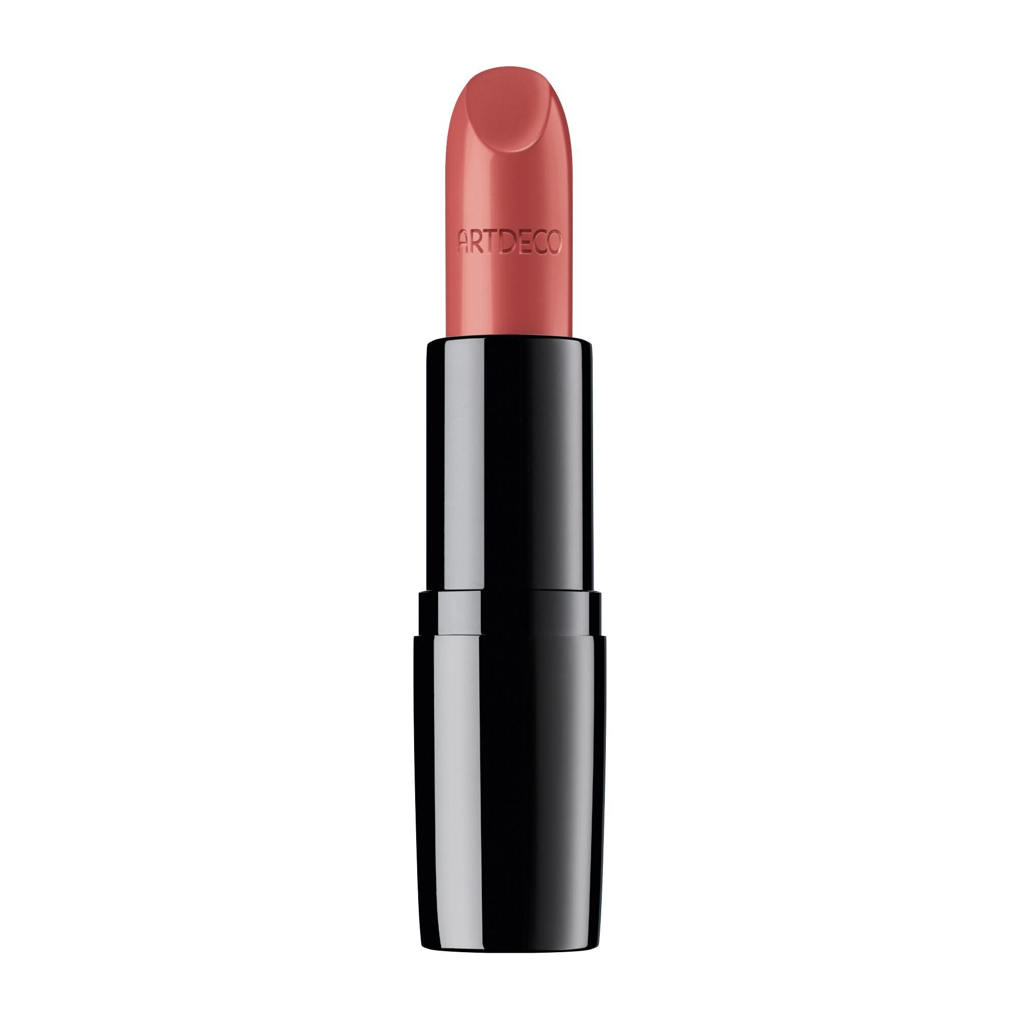 Open lipstick met roze stick. Zwarte, glanzende huls. "ARTDECO" tekst op de stick.