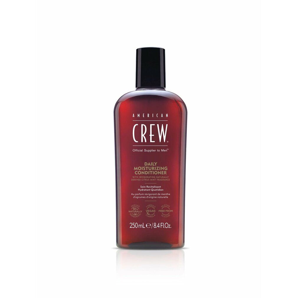 Bruine fles met zwarte dop. Opschrift: American Crew, Daily Moisturizing Conditioner. 250ml/8.4 fl.oz.