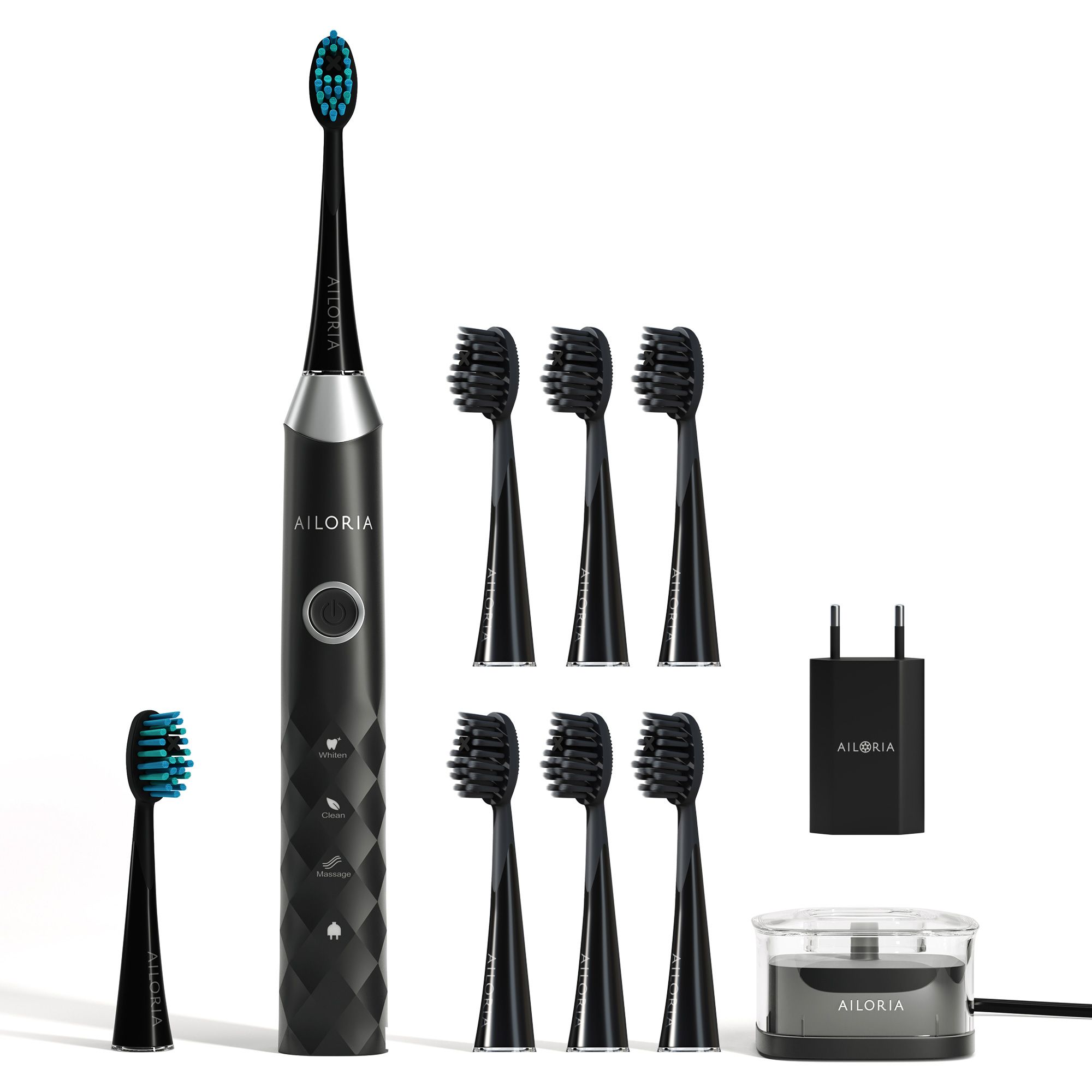 Brosse à dents électrique noire avec accessoires : 6 têtes, chargeur, station de nettoyage. Logo AILORIA.