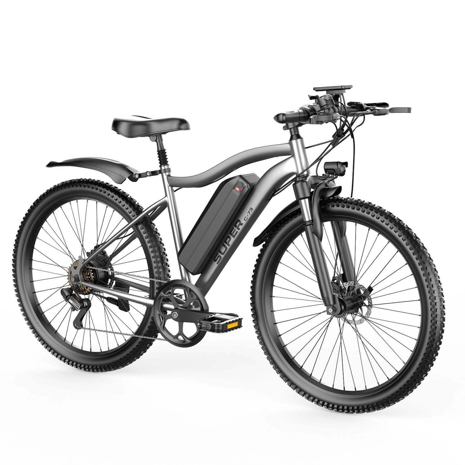 Vélo électrique gris avec pneus et garde-boue noirs. Batterie sur le cadre. Inscription "SUPER G73".