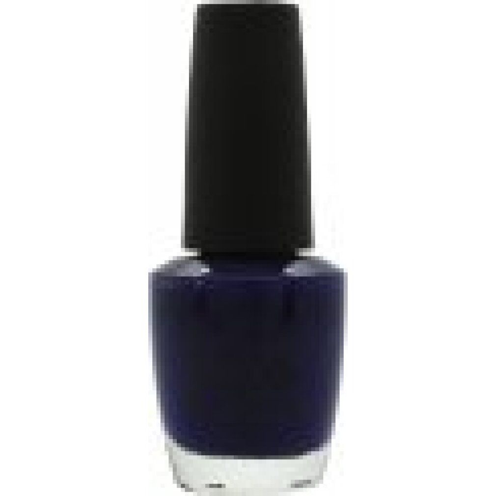Donkerblauwe nagellak in glazen fles met zwarte dop. OPI-logo op de dop.