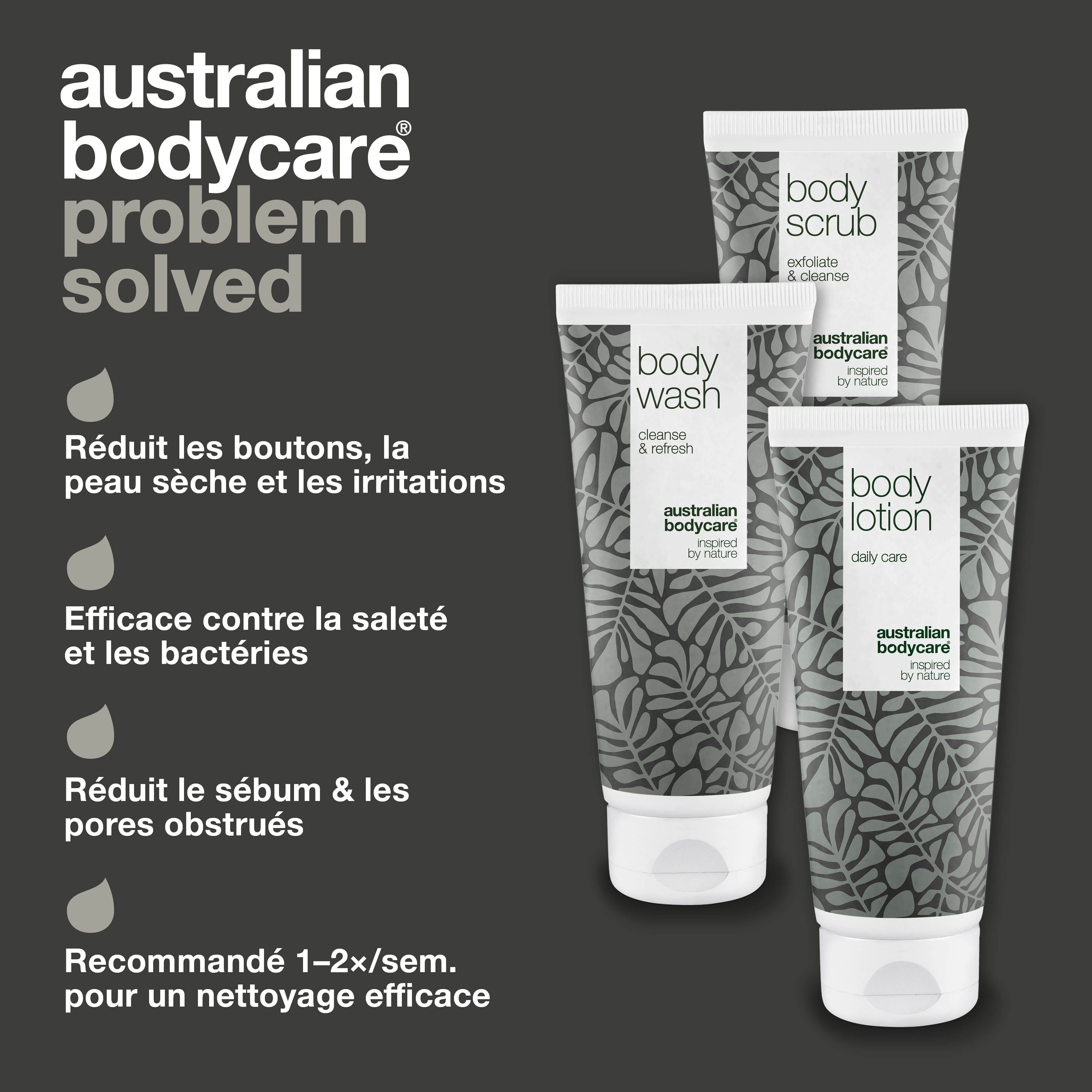 Trois tubes de produits pour le corps. Texte : Réduit les boutons, la peau sèche et les irritations.