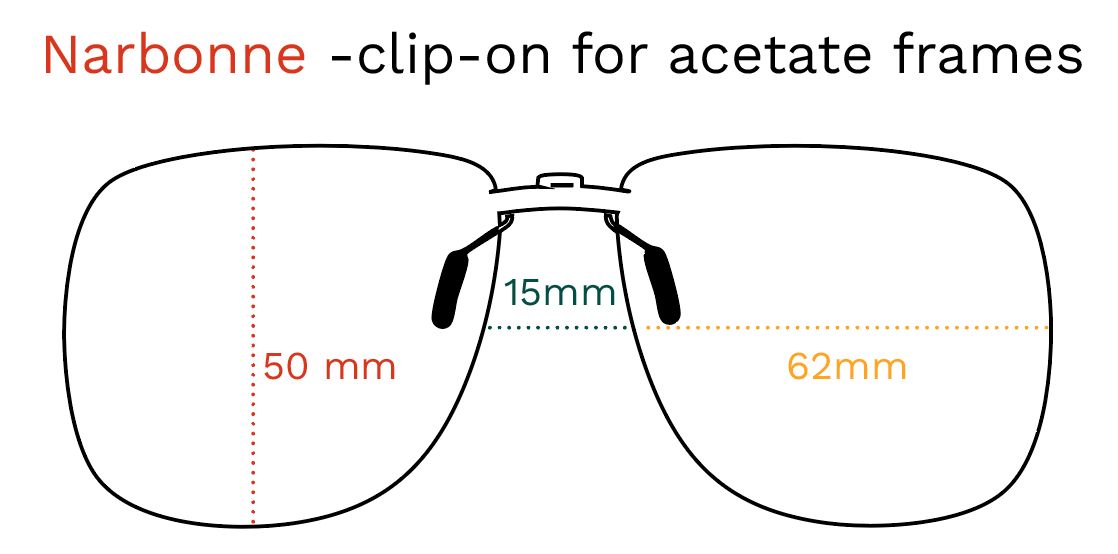 Schéma du clip-on Narbonne. Dimensions : 50mm, 62mm, 15mm. Pour montures acétate.