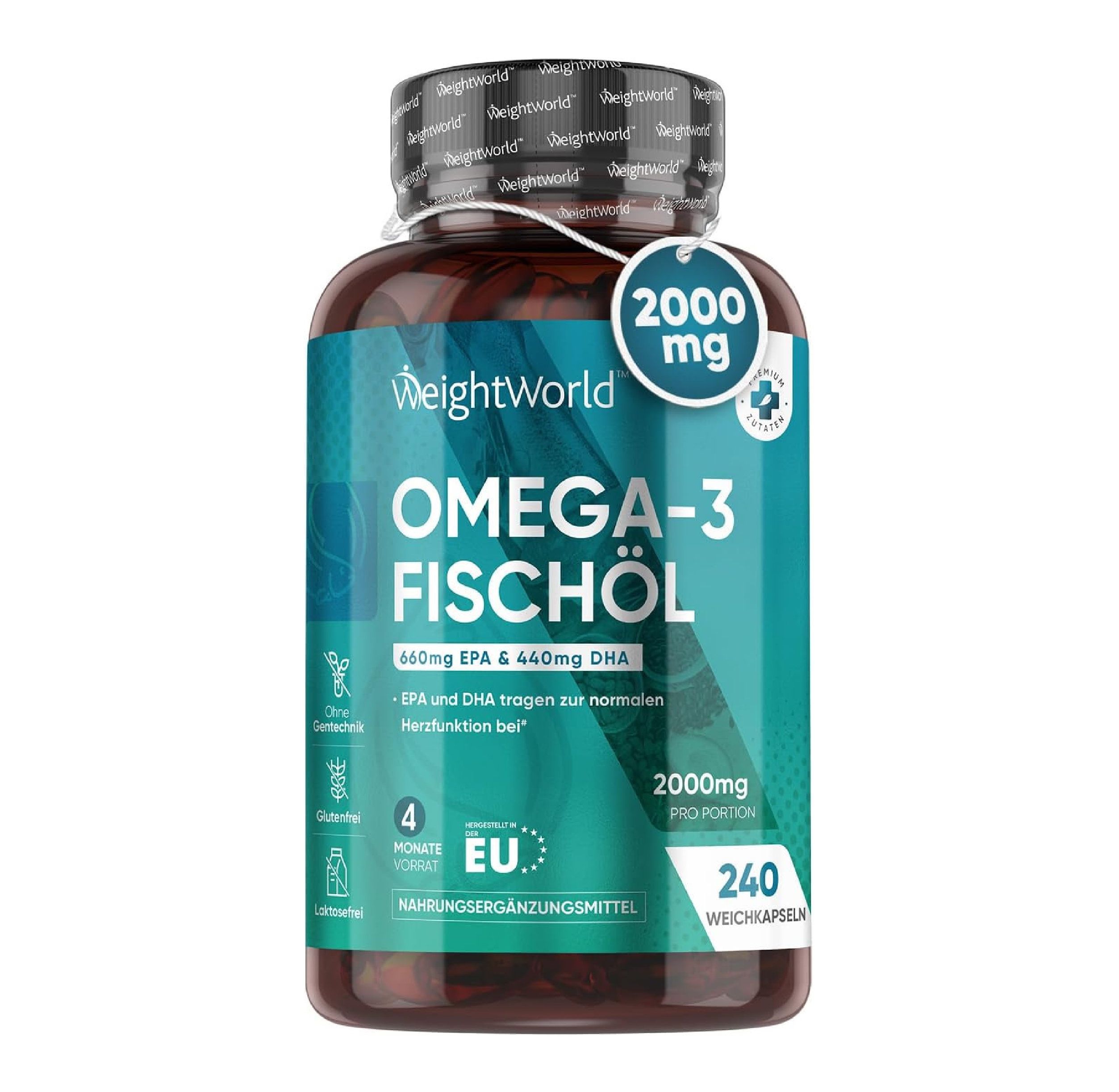 Bruine fles met Omega-3 visoliecapsules. Tekst: 2000mg per portie, 240 capsules. WeightWorld.