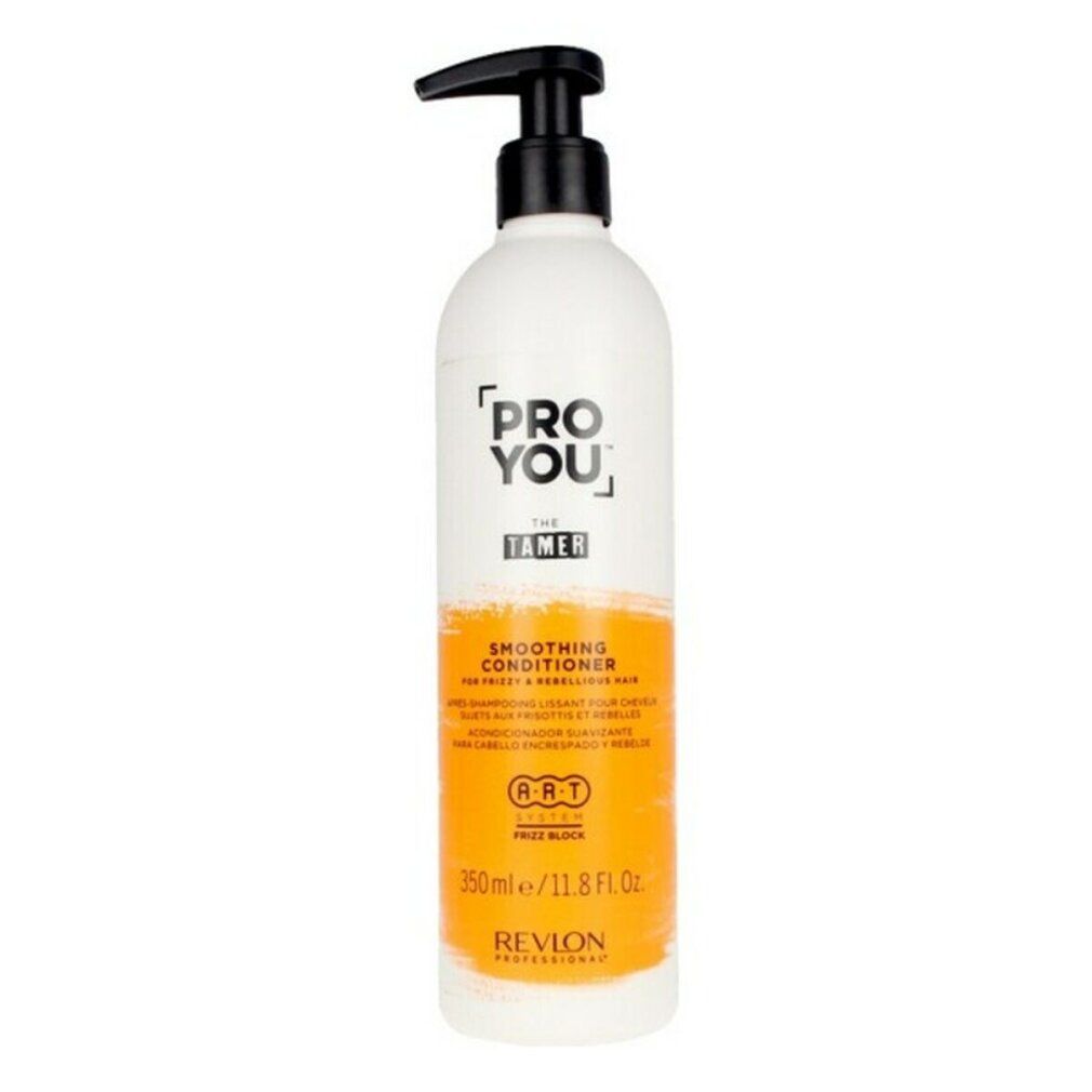Flacon blanc avec pompe noire. Inscription : PRO YOU THE TAMER SMOOTHING CONDITIONER. Bande orange. Revlon Professional.