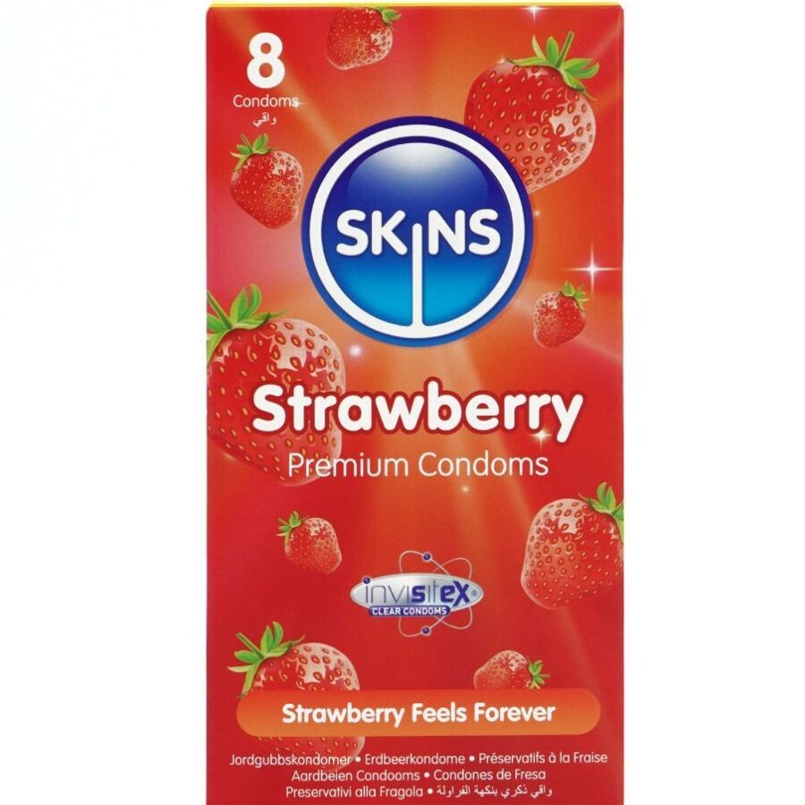 Boîte de 8 préservatifs SKINS Strawberry. Emballage rouge avec fraises. Inscription: Strawberry Feels Forever.