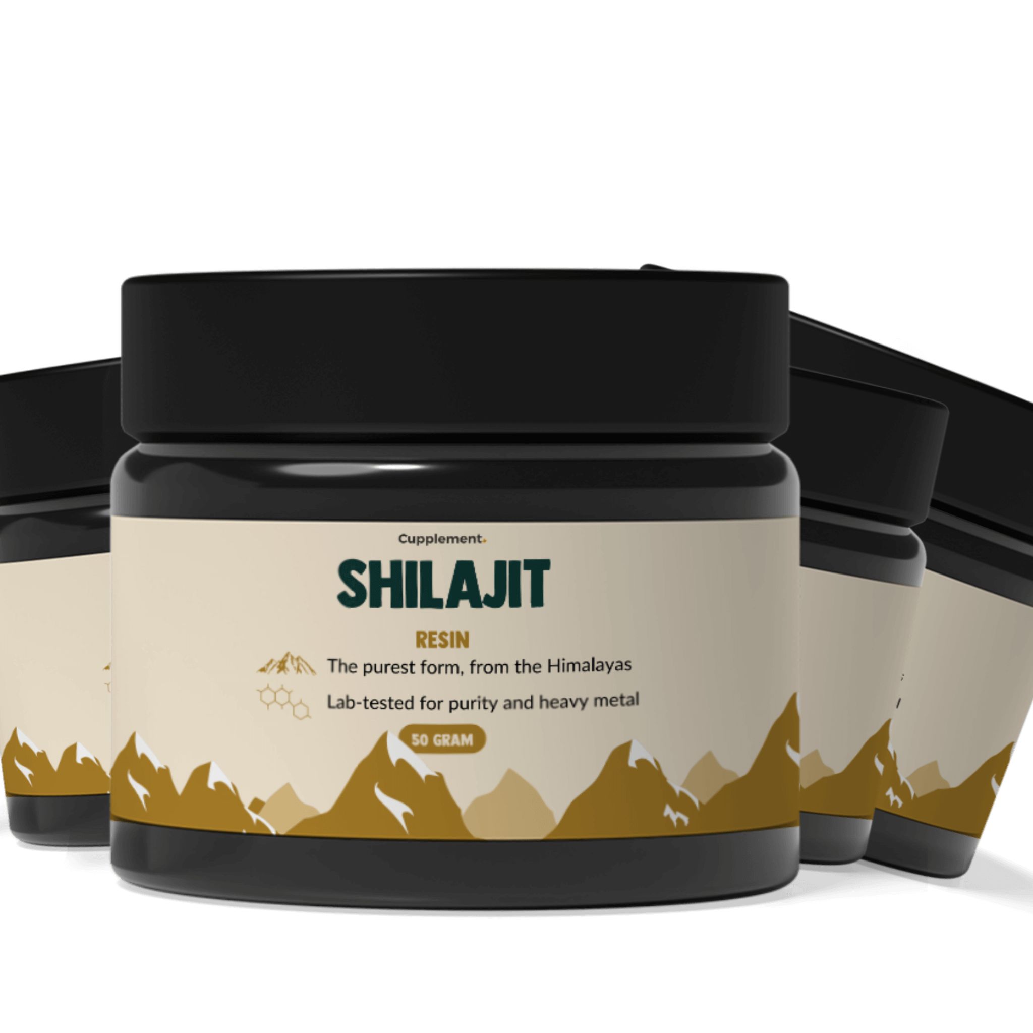 Pot noir de résine de shilajit. Étiquette avec nom du produit, informations et logo. Montagnes en arrière-plan.