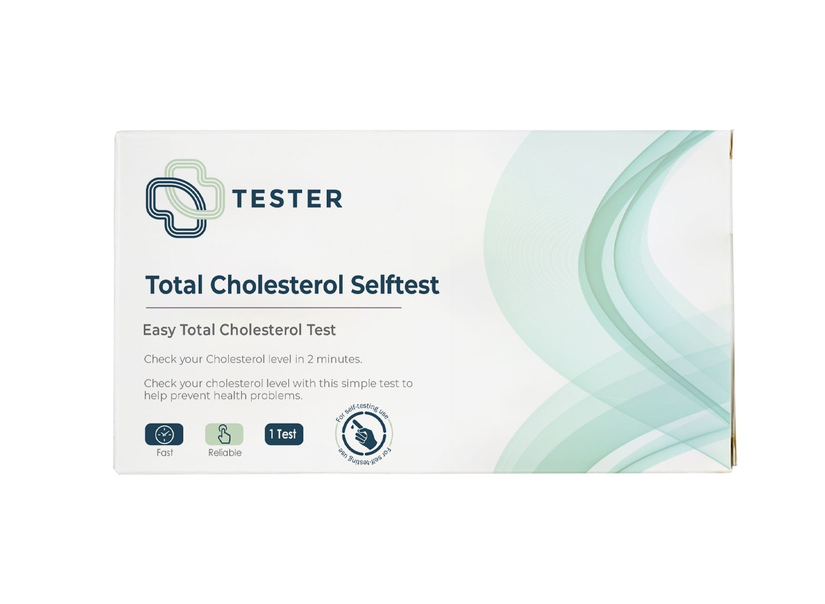 Boîte de test de cholestérol. Logo "Tester". Inscription "Total Cholesterol Selfstest". Motifs de vagues vertes et blanches. Informations.