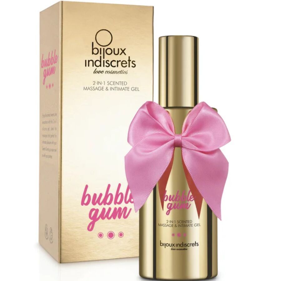 Siliconen gel fles met roze strik en gouden verpakking.