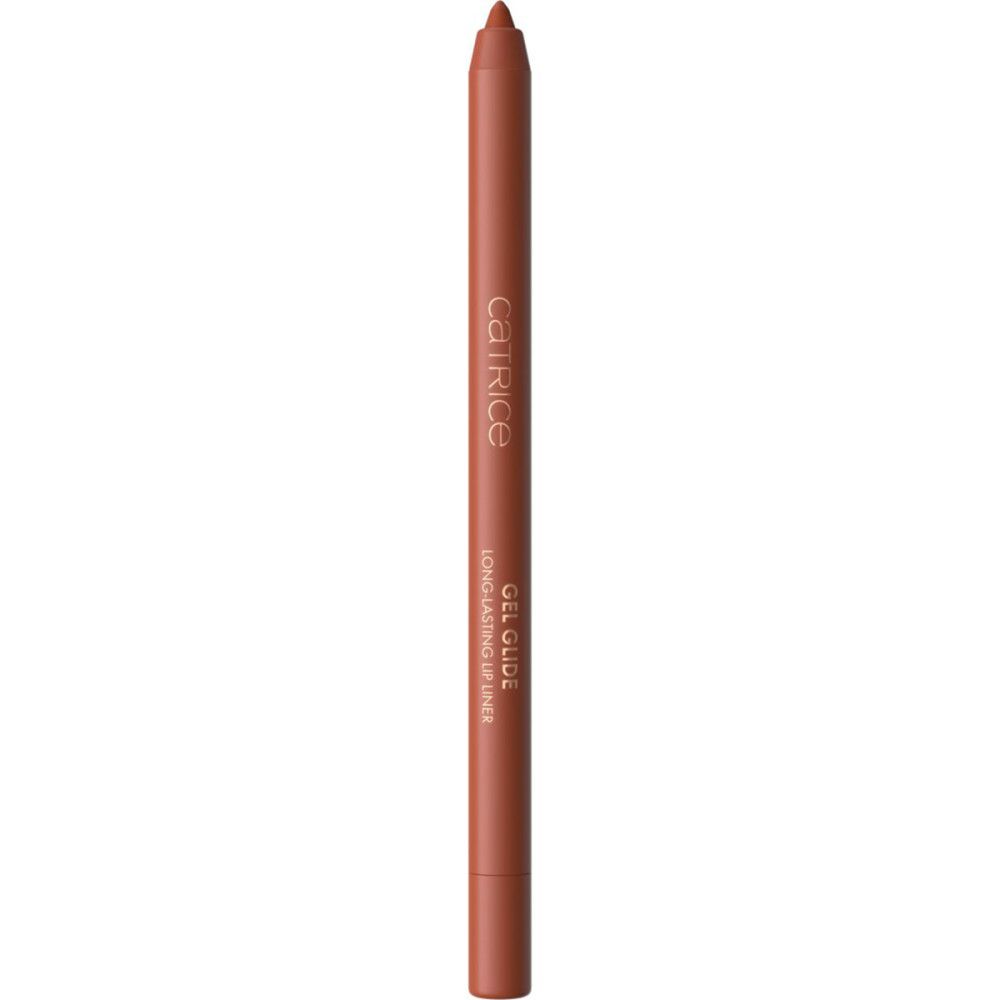 Crayon contour des lèvres Catrice Gel Glide. Crayon brun avec nom du produit. Inscription : Gel Glide, Long Lasting Lip Liner.