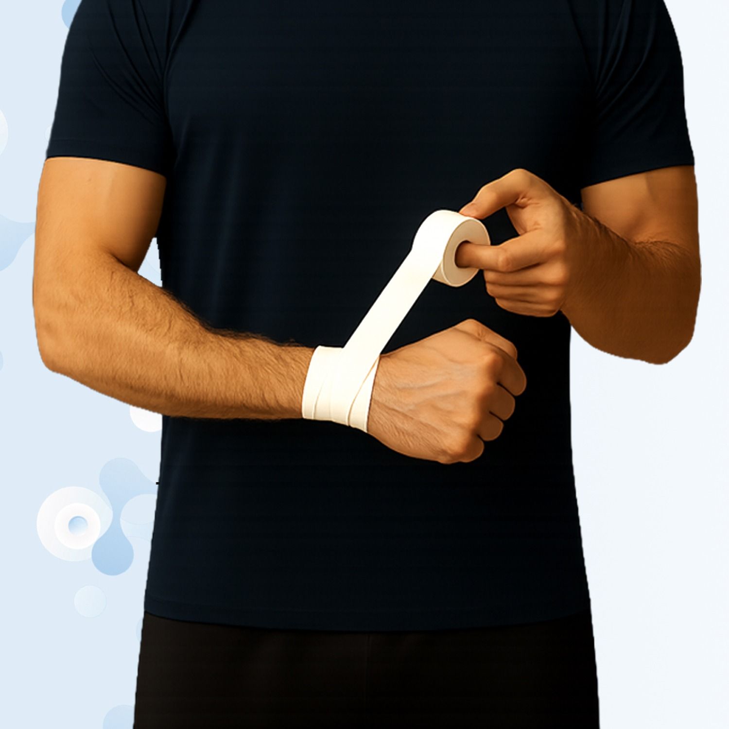Witte sporttape wordt op de pols aangebracht. Persoon draagt zwart shirt. Tape wordt afgerold en om de pols gewikkeld.