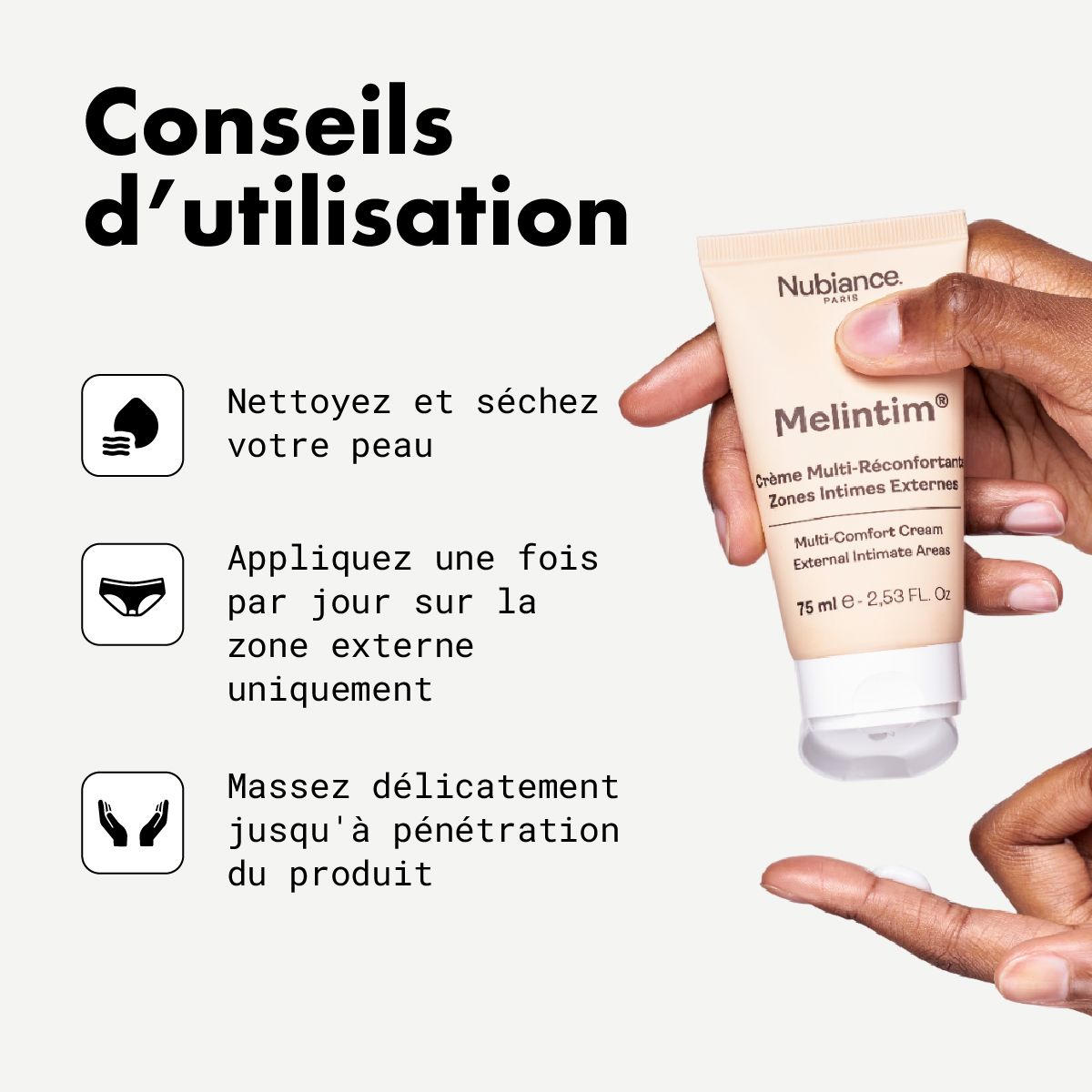 Producttube in hand. Tekst: Reinigen, aanbrengen, masseren. Productnaam: Melintim.