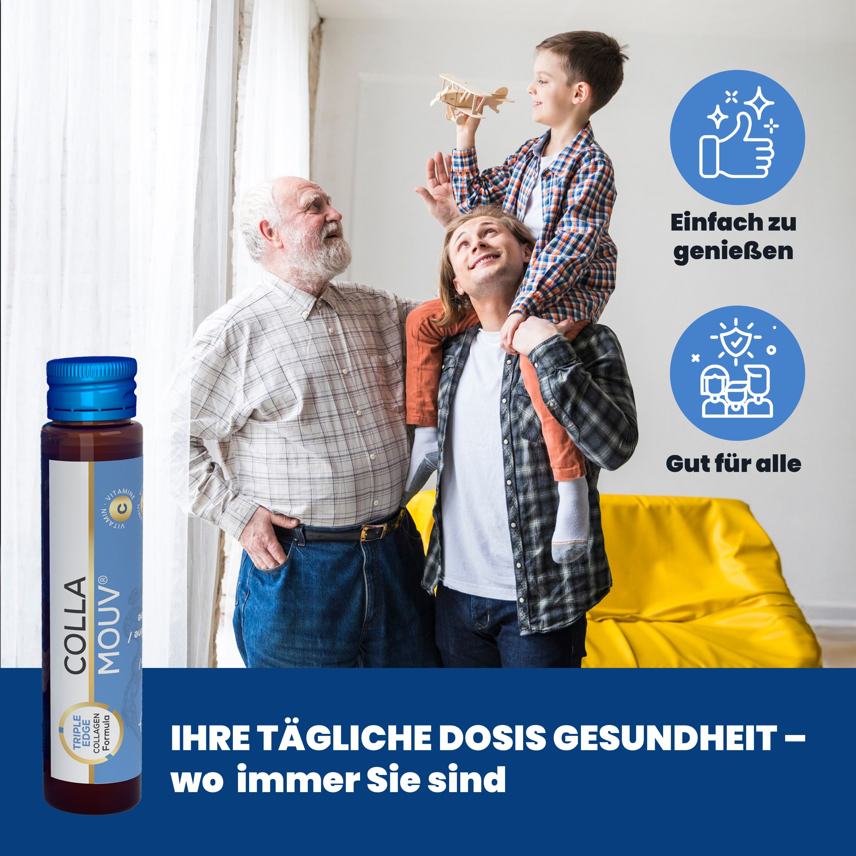 BHW Collamouv Original Kollagen : Famille profitant de la vie, une bouteille et icônes pour une utilisation facile.
