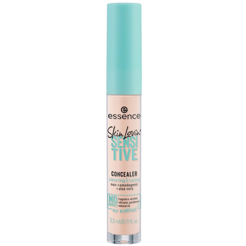 Essence concealer. Beige tube met lichtblauwe dop. Opschrift: Skin Lovin' Sensitive Concealer. Met aloë vera.