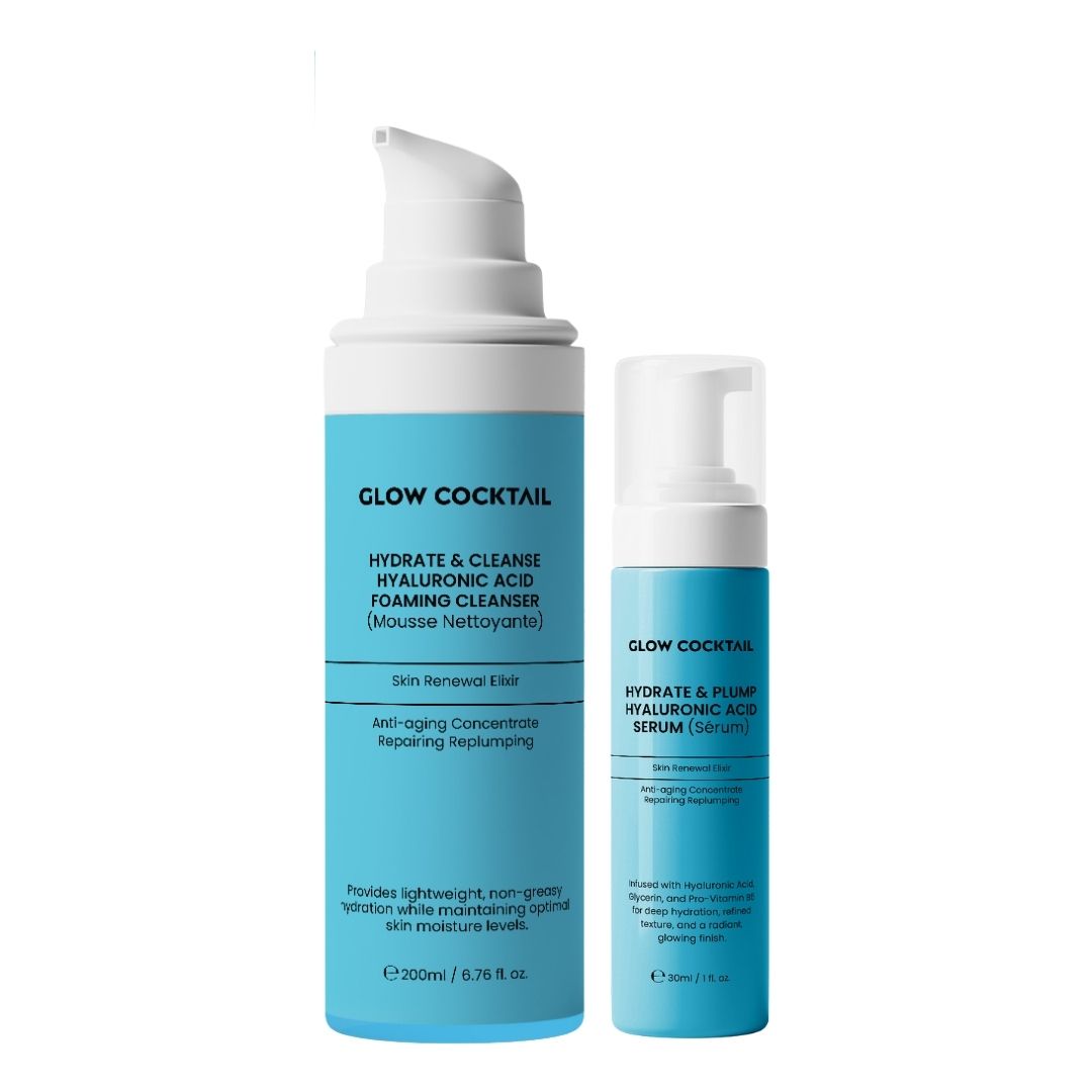 Deux flacons de Glow Cocktail. Un grand flacon avec pompe, un petit flacon avec vaporisateur. Texte: HYDRATE & CLEANSE, HYALURONIC ACID.