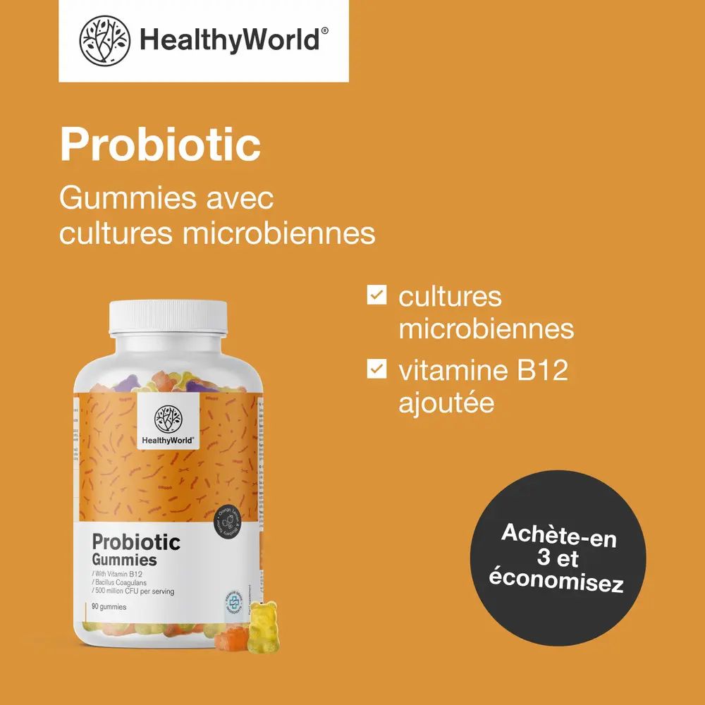 Femme avec mal au ventre. À côté: Flacon de gommes probiotiques. Texte: Probiotic - gommes avec cultures microbiennes.