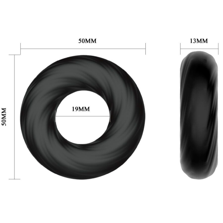 Zwarte siliconen ring, afmetingen: 50mm diameter, 19mm binnengat, 13mm breedte.