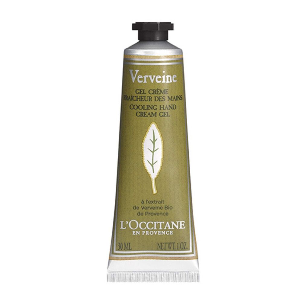 Tube de crème mains "Verveine" avec symbole feuille. Texte: "Gel Crème Fraîcheur des Mains". Marque: L'Occitane.