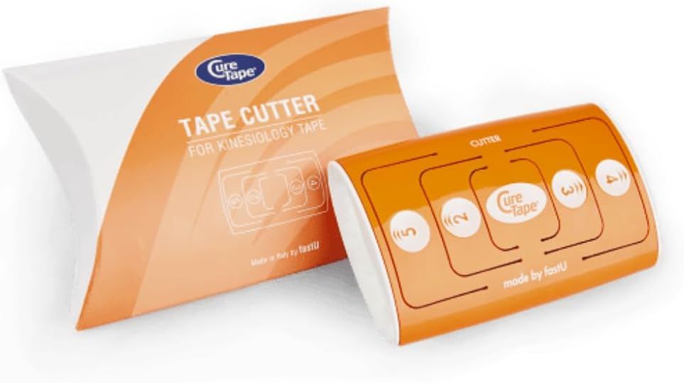 Oranje CureTape Kinesiotape Cutter met verpakking. Toont verschillende snijmaten.