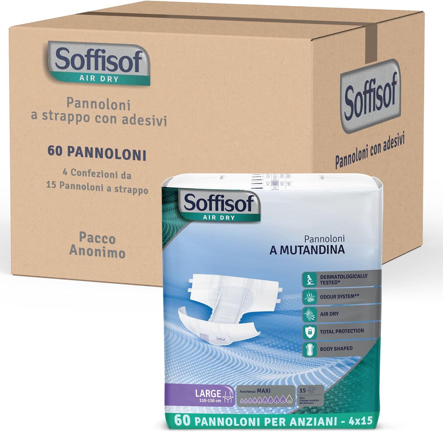 Couches adultes Soffisof Air Dry Maxi. Emballage et carton. Inscription: 60 pièces, Large, A Mutandina.
