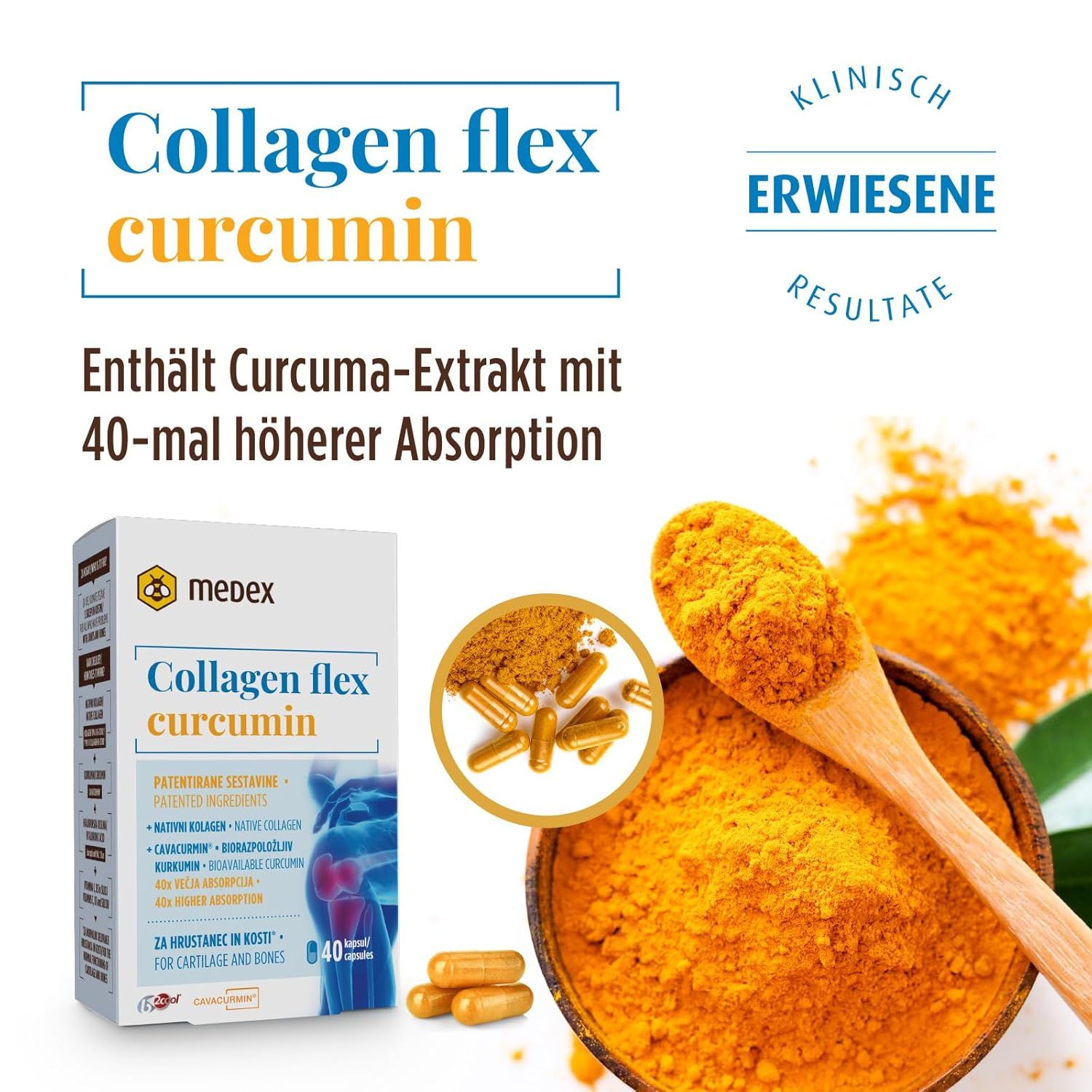 Medex Collagen flex curcuma verpakking met capsules en kurkumapoeder. Klinisch bewezen resultaten.